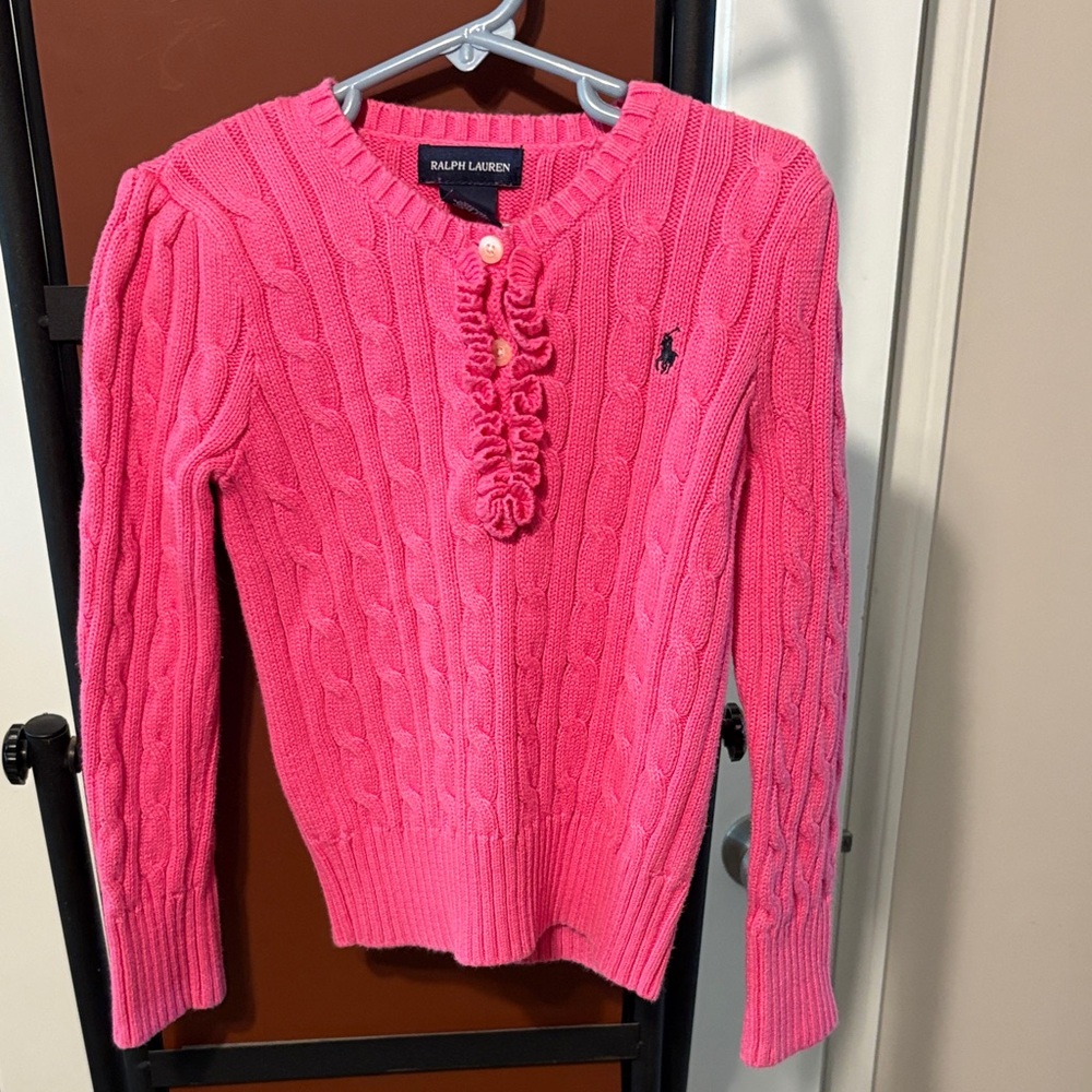 Ralph Lauren Hot Pink Cable-Knit Ruffle Pullover